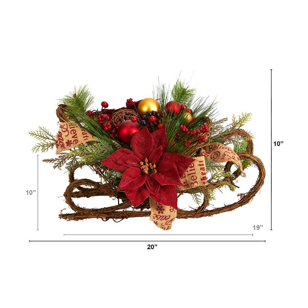 18 in. Unlit Christmas Sleigh with Poinsettia, Berries and Pinecone Artificial Arrangement with Ornaments - Hercitys