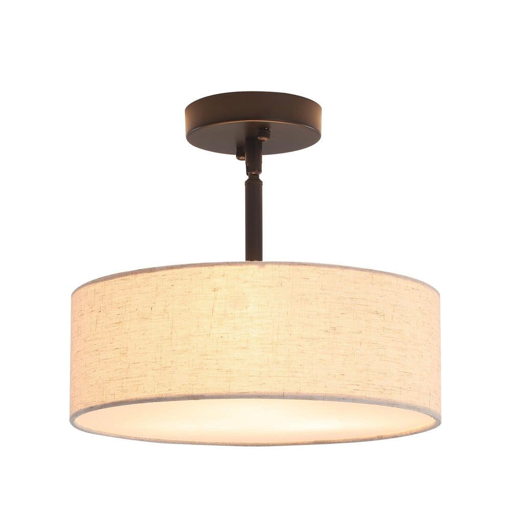 12.6 in. 3-Light Matte Black Round Drum Semi-Flush Mount with Burlap and No Bulbs Included Foyer Dinner Room - Hercitys