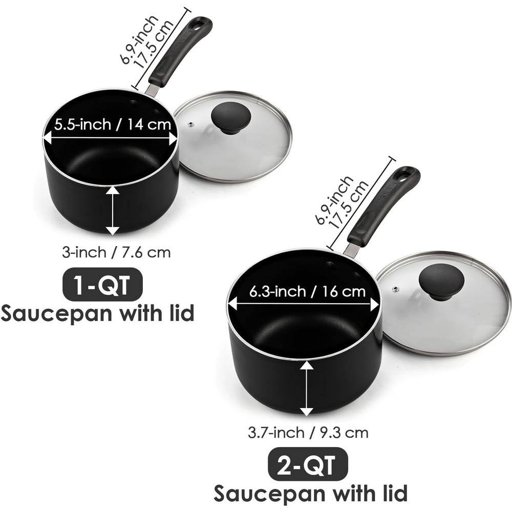 1 qt. and 2 qt. 2-Piece Black Aluminum Nonstick Saucepan with Glass Lid - Hercitys