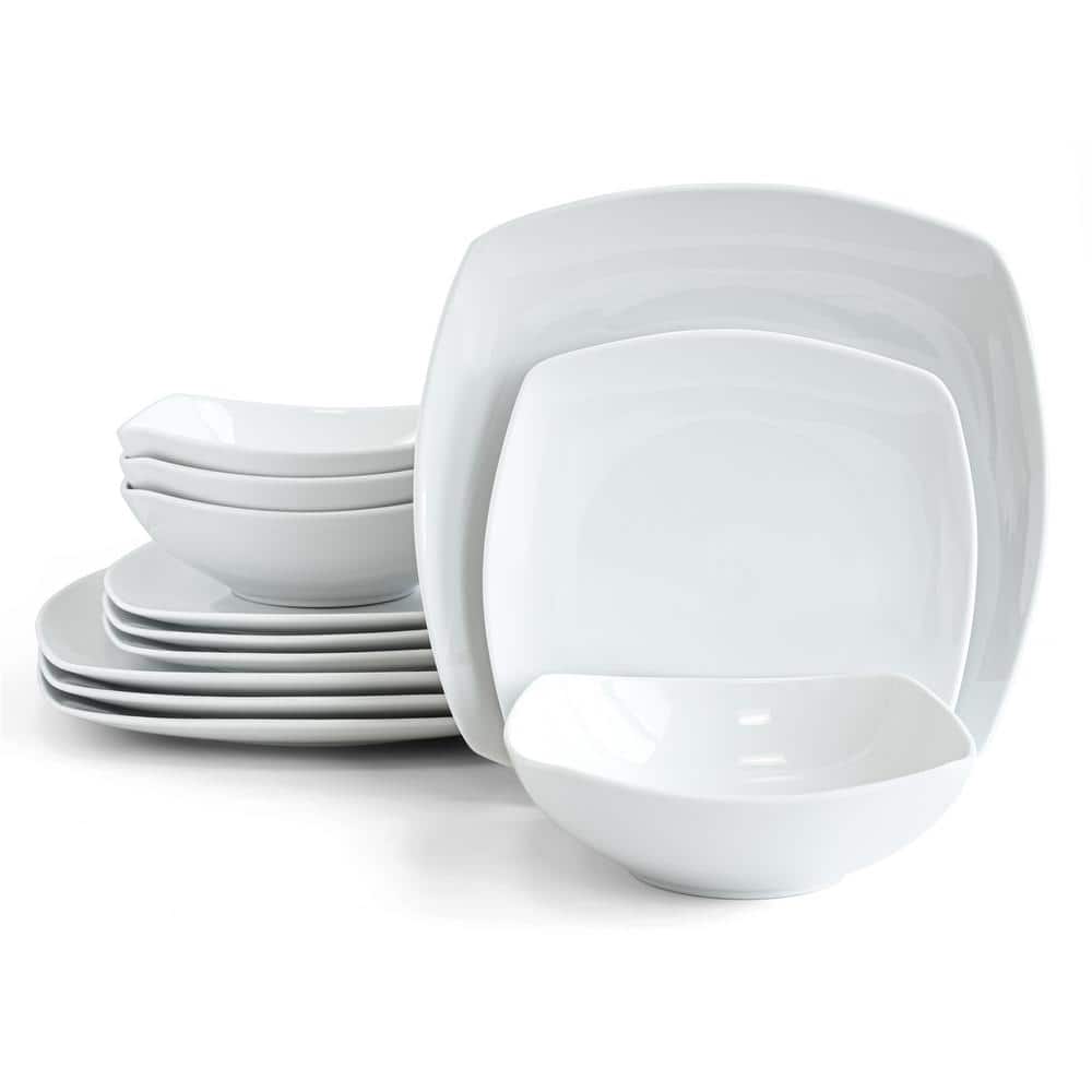 12 pc soft square white dinnerware set (service for 4) - Hercitys