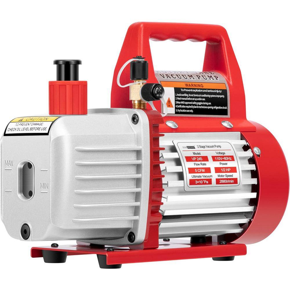 110-Volt 1/2 HP 5 CFM Dual Stage Rotary Vane HVAC Air Vacuum Pump with Oil Bottle in Red - Hercitys