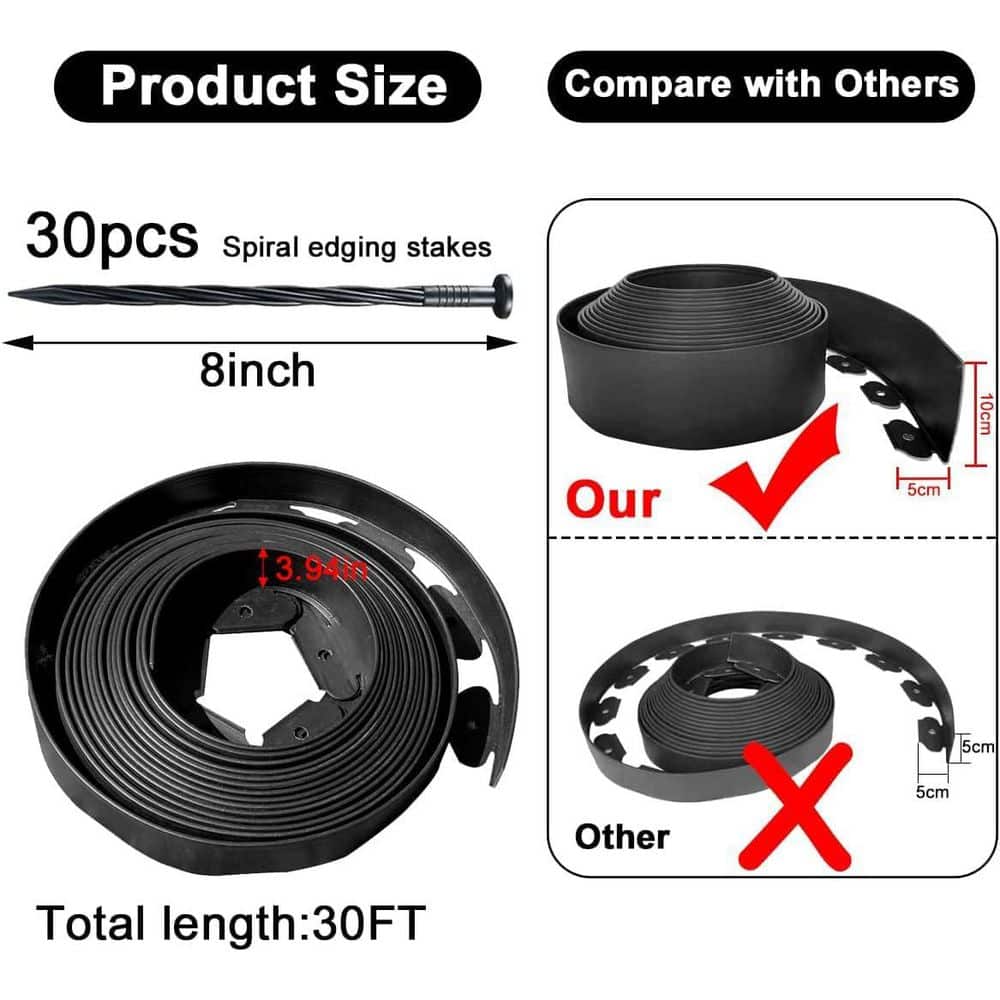 33ft x 4in Flexible PE Landscape Edging with 30pcs Nylon Spikes, Black - Hercitys
