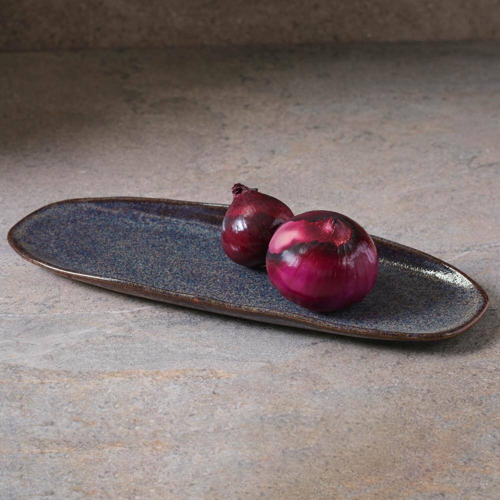 14.17 in. Titanium Dark Blue Stoneware Shallow Oval Platter Large Organic (Set of 4) - Hercitys
