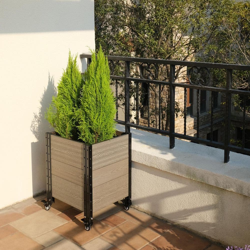 19 in. D x 24 in. H x 17 in. W Grey and Black Composite Board and Steel Mobile Corner Planter Box Raised Garden Bed - Hercitys