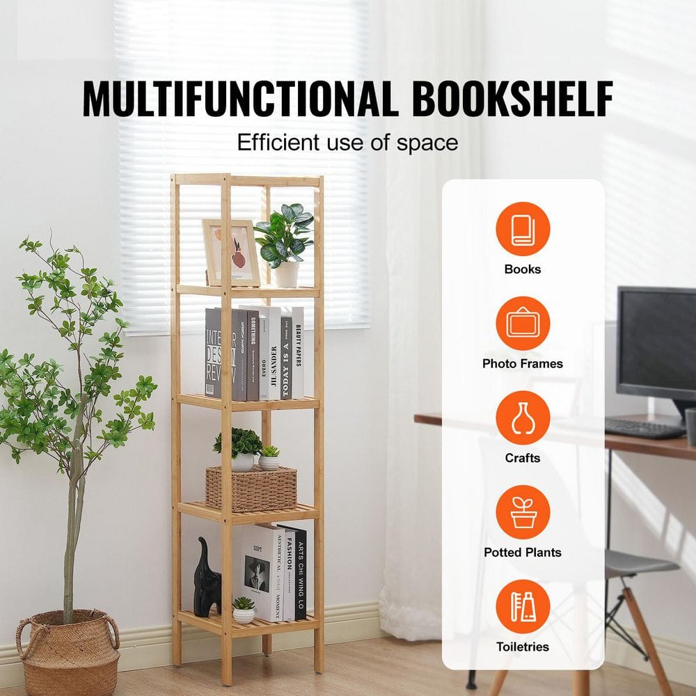 5-Tier Bathroom Standing Shelf, Narrow Shelving Unit, Display Storage Rack Organizer, Freestanding Plant Stand Wood - Hercitys