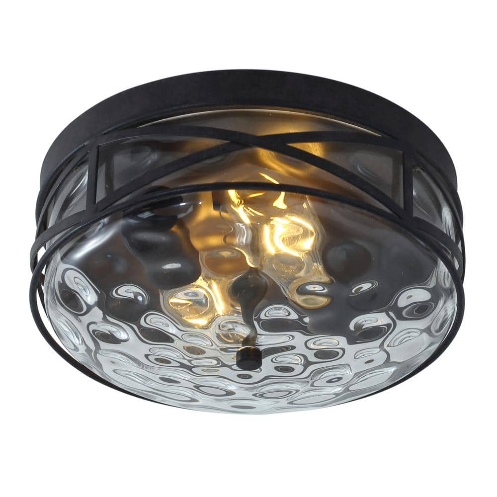 11.4 in. 2-Light Farmhouse Flush Mount Ceiling Light Fixture with Water Ripple Glass Shade - Hercitys