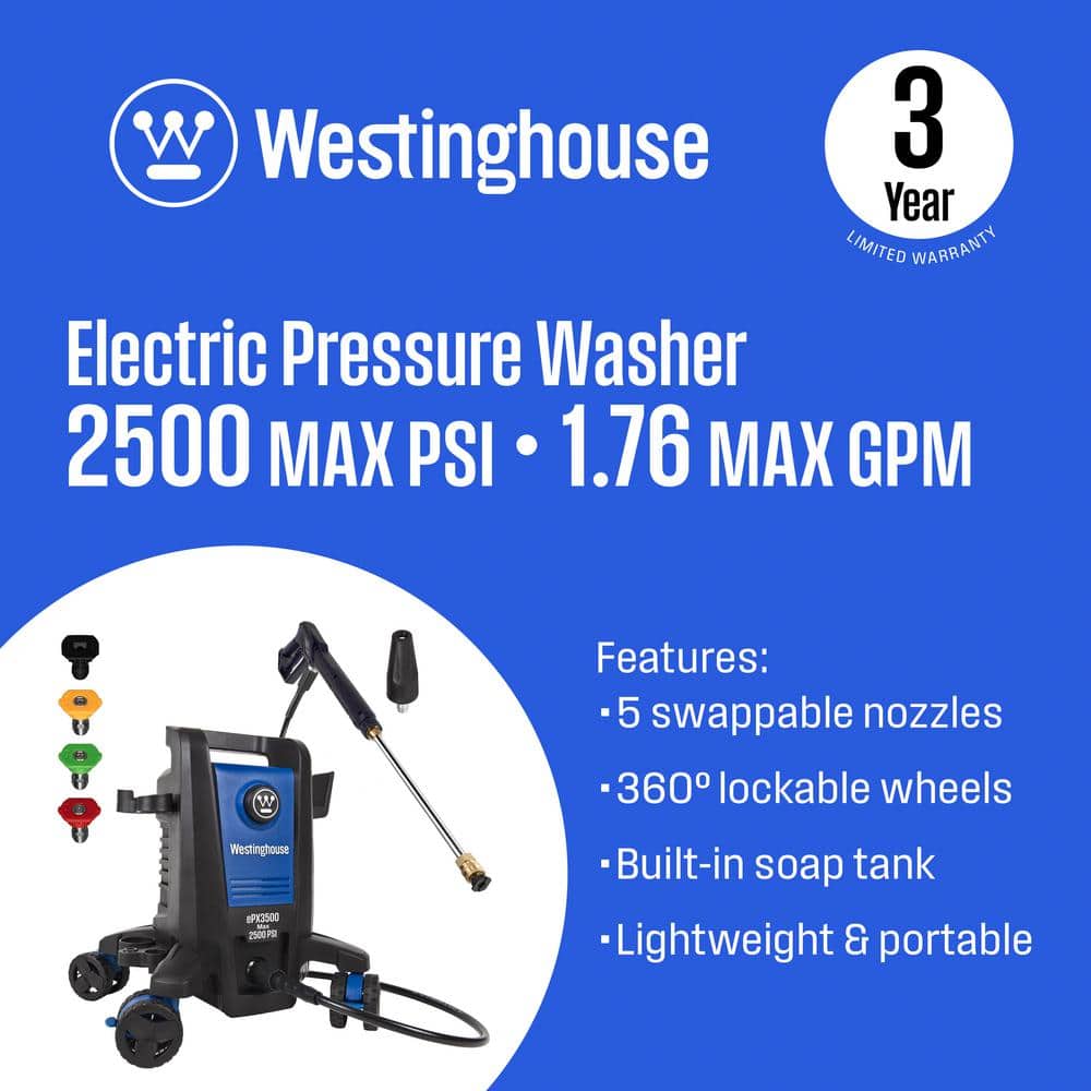 2500 PSI 1.76 GPM Electric Powered Pressure Washer with Anti-Tipping Technology and 5 Quick Connect Tips - Hercitys
