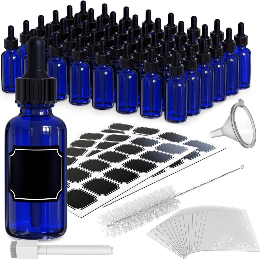 1 oz. Glass Dropper Bottles with Funnel, Brush, Shrink Wrap, Marker and Labels – Blue (Pack of 48) - Hercitys
