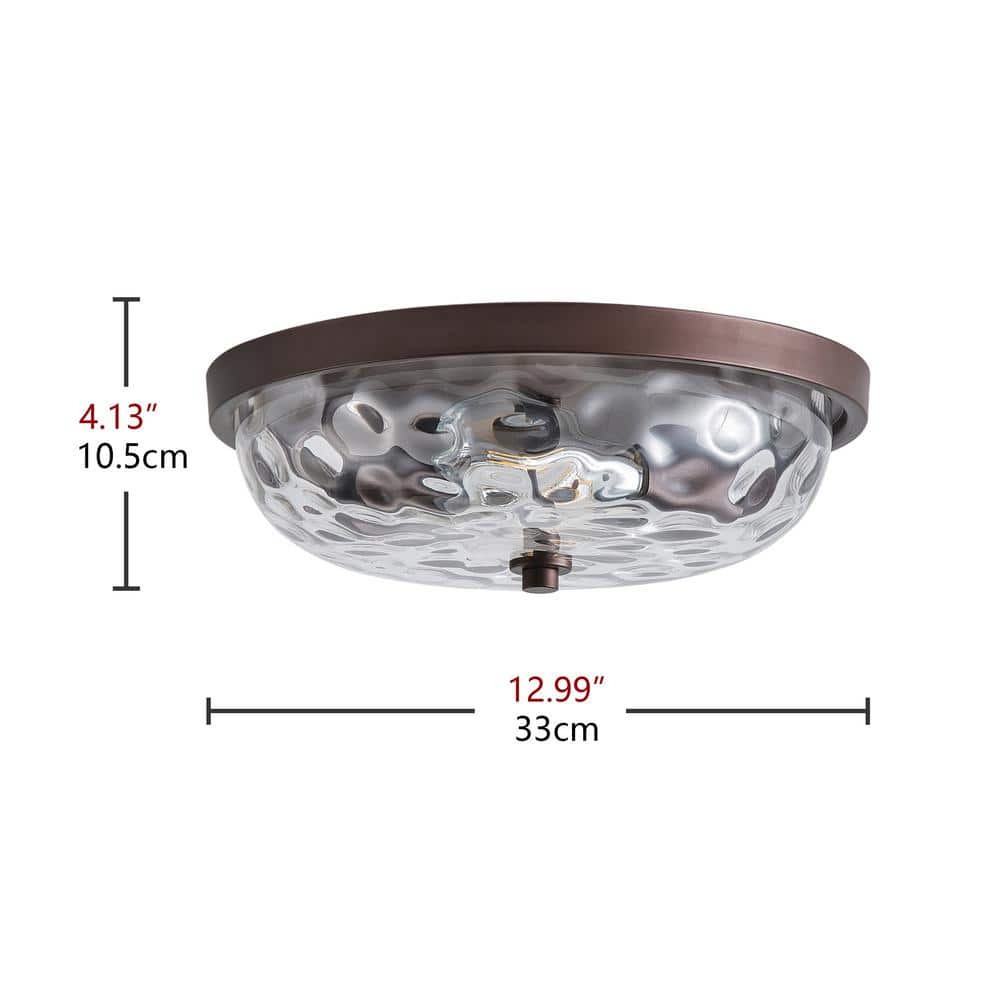 12.99 in. 2-Light Farmhouse Oil Rubbed Bronze Flush Mount Ceiling Light Fixture with Water Ripple Glass Shade - Hercitys