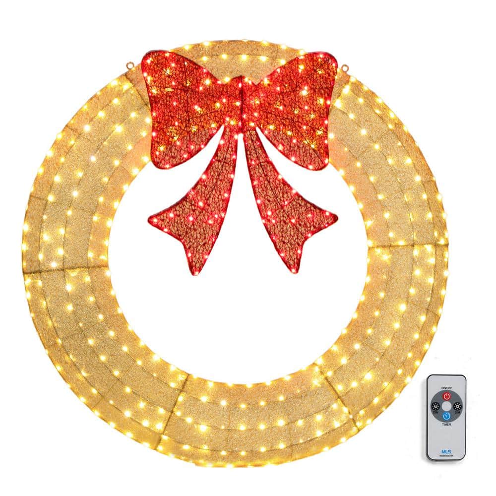 4 ft. Gold Pre-lit LED Outdoor Large Wreath Artificial Christmas Garland with Red Bows - Hercitys