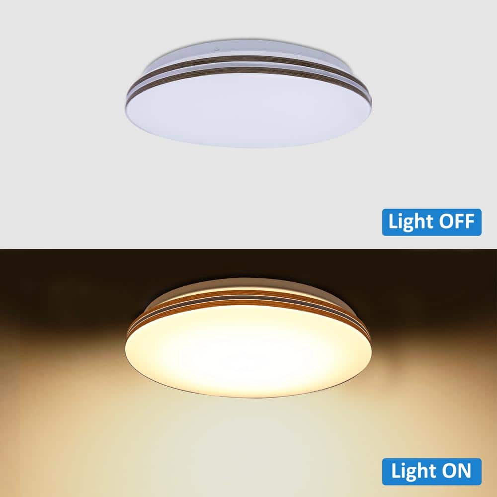 11.5 in. Round White with Faux Wood-Grain Trim Adjustable CCT 3000K/4000K/5000K Dimmable Flush Mount Light Fixture - Hercitys