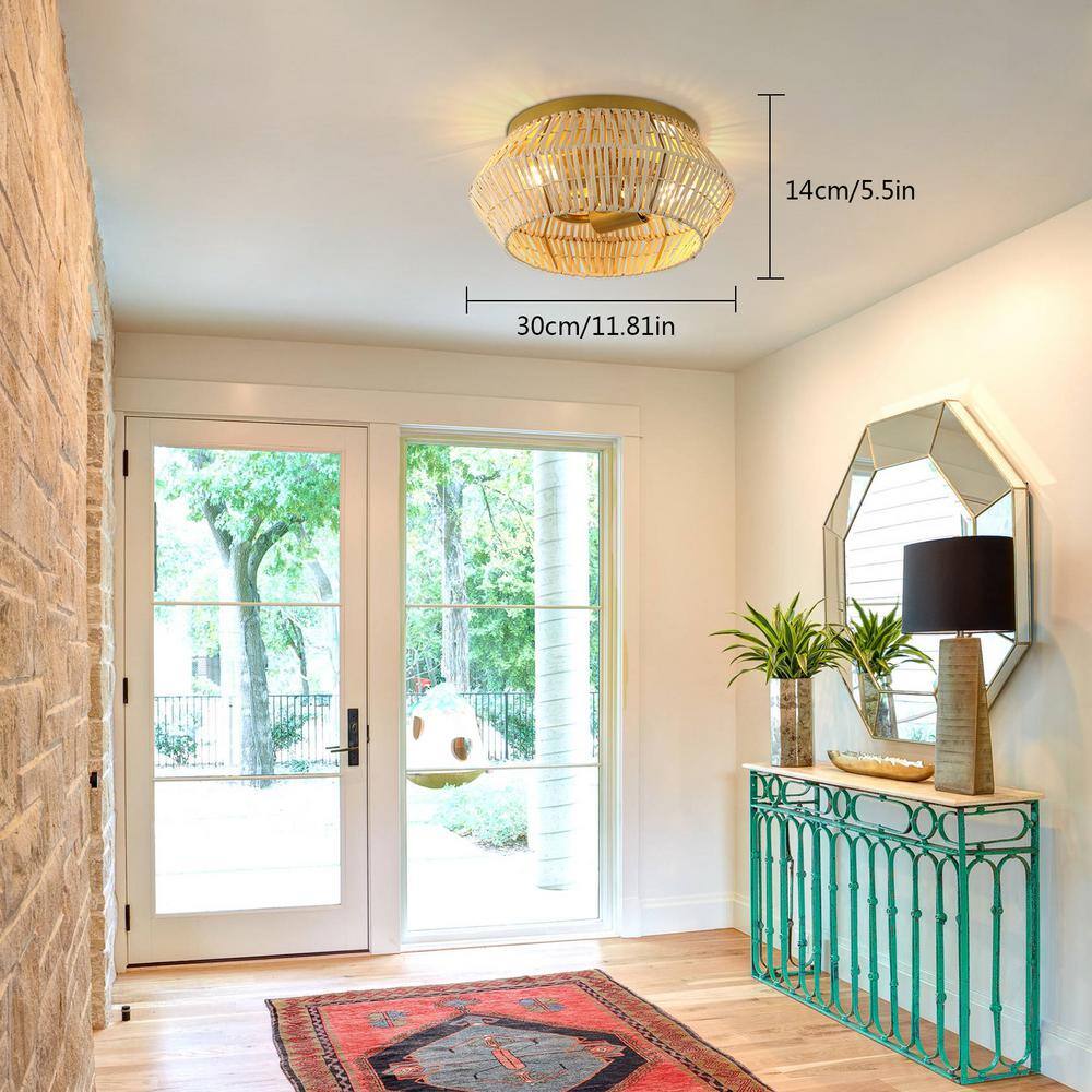 11.81 in. 2-Light Gold Farmhouse Woven Rattan Flush Mount Ceiling Light, No Bulbs Included - Hercitys