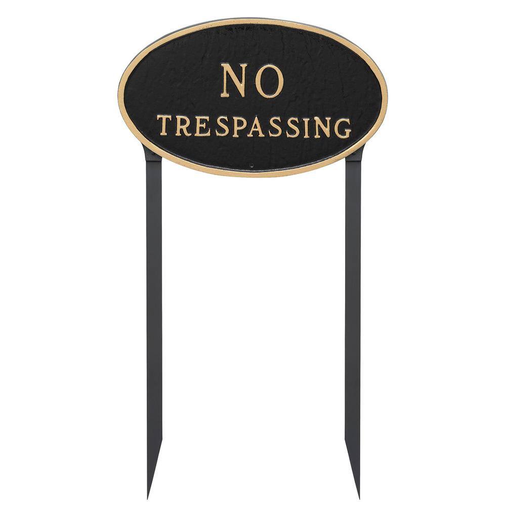 10 in. x 18 in. Large Oval No Trespassing Statement Plaque Sign with 23 in. Lawn Stakes, Black with Gold Lettering - Hercitys