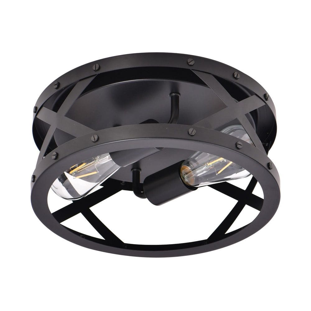 11.8 in. Industrial 2-Light Drum Flush Mount Ceiling Light with Black Finish and E26 Base for Entryway Corridor - Hercitys
