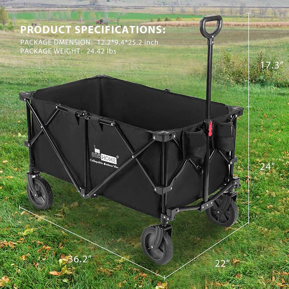 176 lbs. Capacity Collapsible Garden Cart in Black with 2 Drink Holders and Wheels - Hercitys