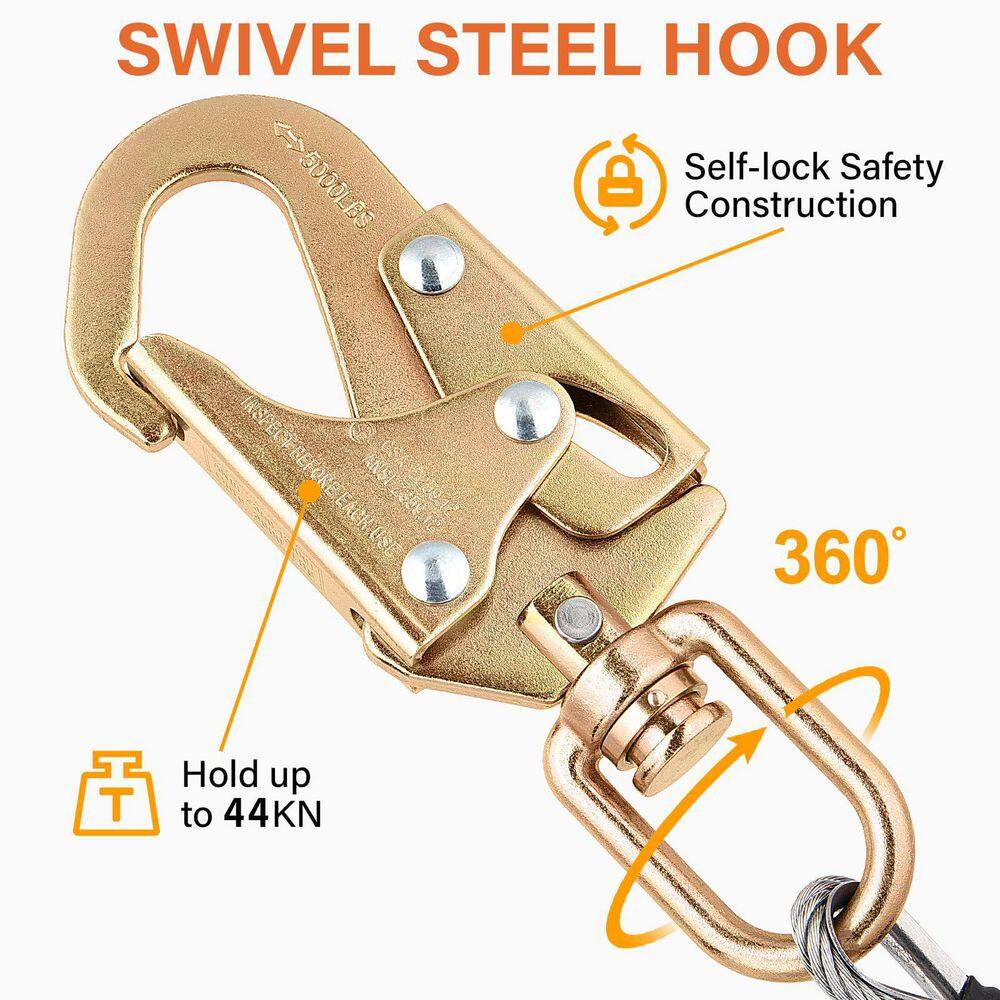 1/2 in. x 10 ft. Galvanized Steel Wire Core Flipline Arborist Climbing Tree Lanyard Kit with Swivel Snap Hook, Orange - Hercitys