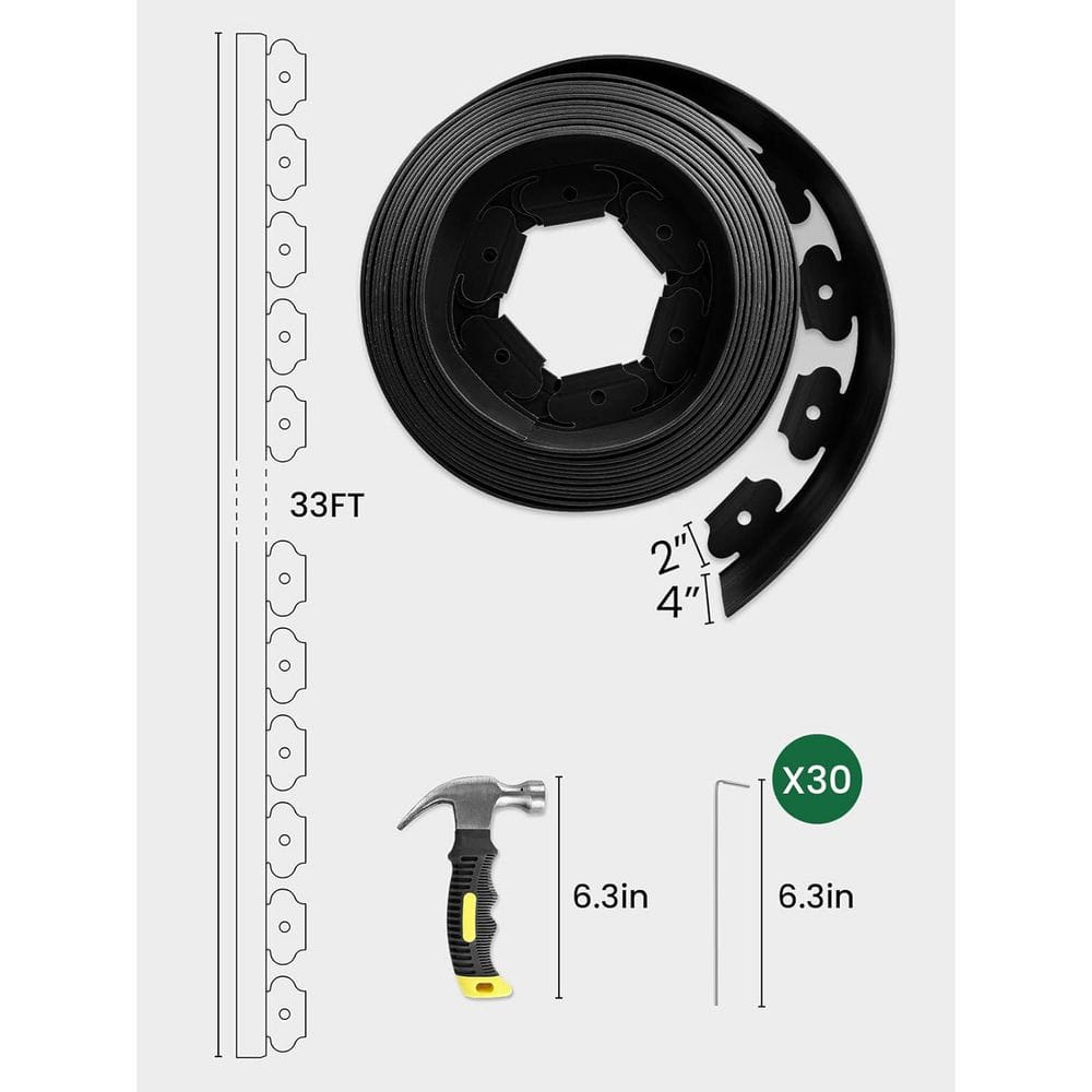 4 in Tall, 33 ft. Landscape Edging with Hammer and Staples, Black - Hercitys