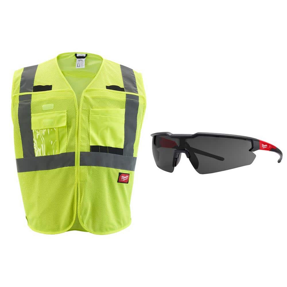 2X/3X-Large Yellow Class 2 Breakaway Mesh High Vis Safety Vest and Tinted Anti Scratch Safety Glasses - Hercitys