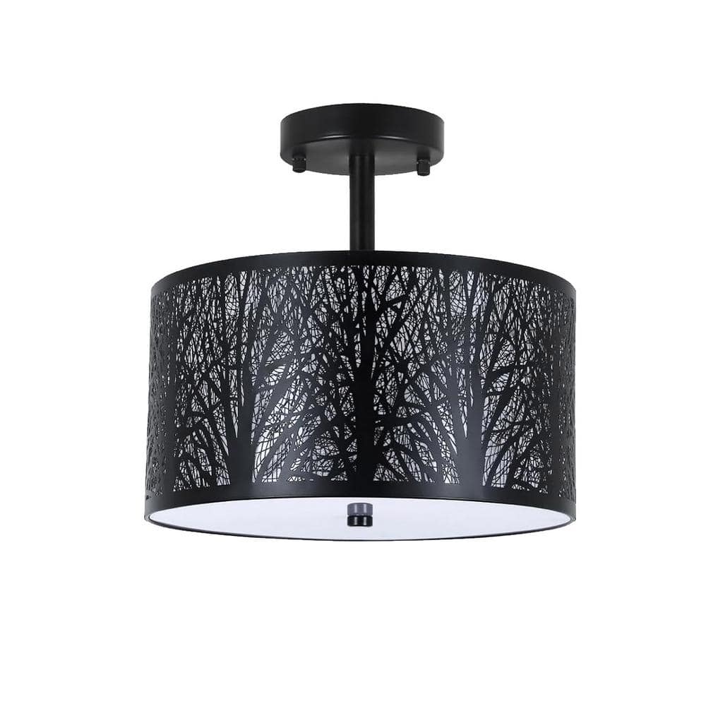 11.8 in. 3-Light Black Drum Light Semi Flush Mount with Etched Pattern Shade - Hercitys