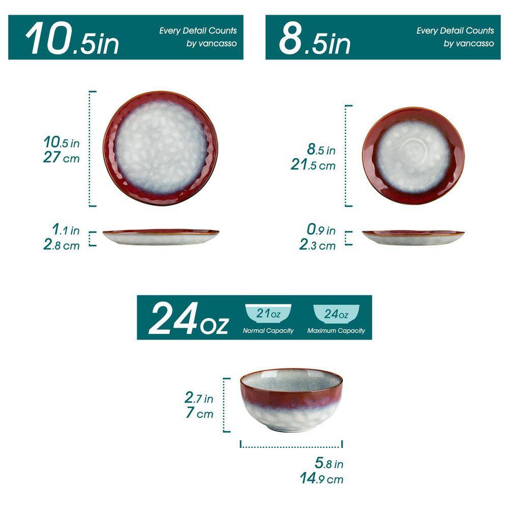 12-Piece Red Stoneware Dinnerware Set Service for 4 Bowls and Plates Set Dinner Plates Dessert Plates and Cereal Bowls - Hercitys