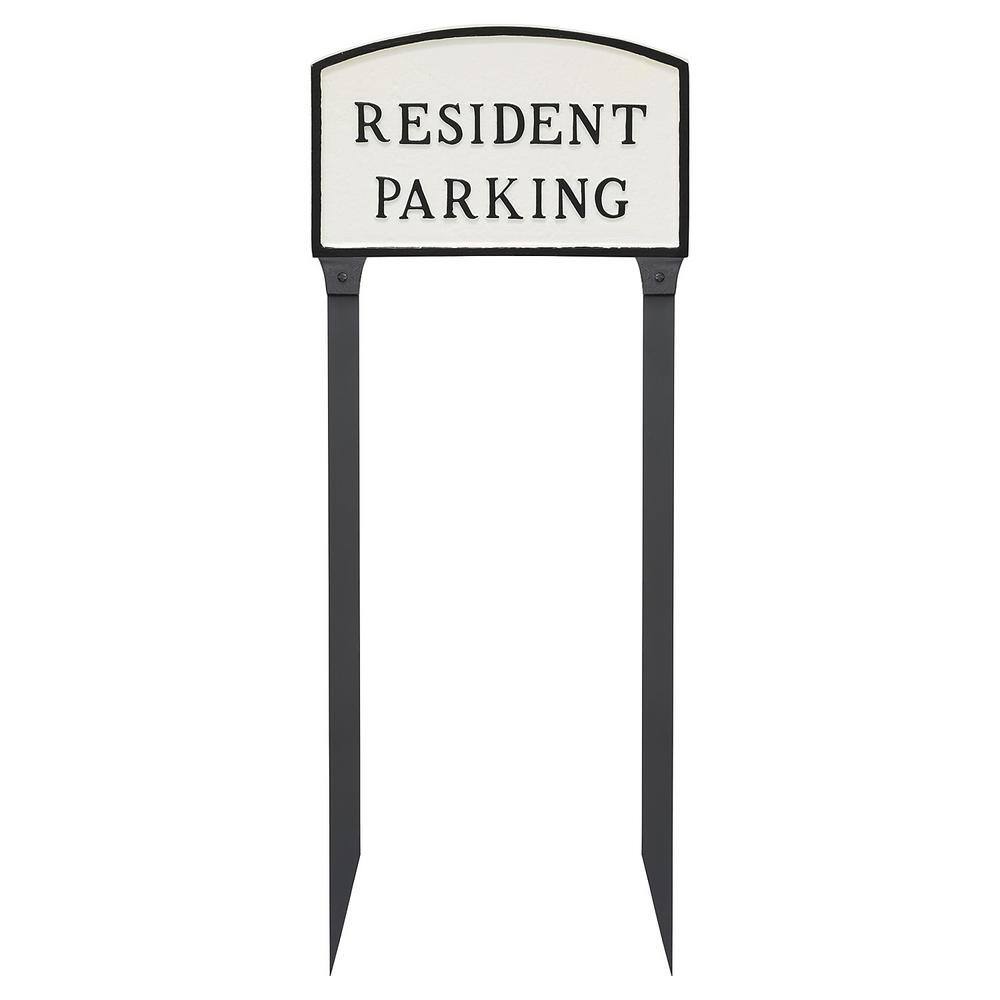 10 in. x 15 in. Standard Arch Resident Parking Statement Plaque Sign with 23 in. Lawn Stakes – White/Black - Hercitys