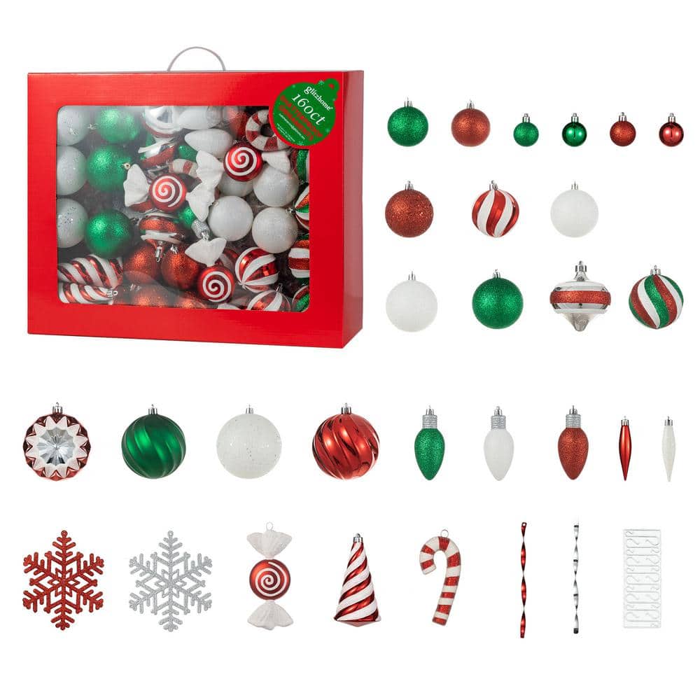 160 CT Christmas Whimsical Red and Green Deluxe Boxed Shatterproof Ornaments - Hercitys