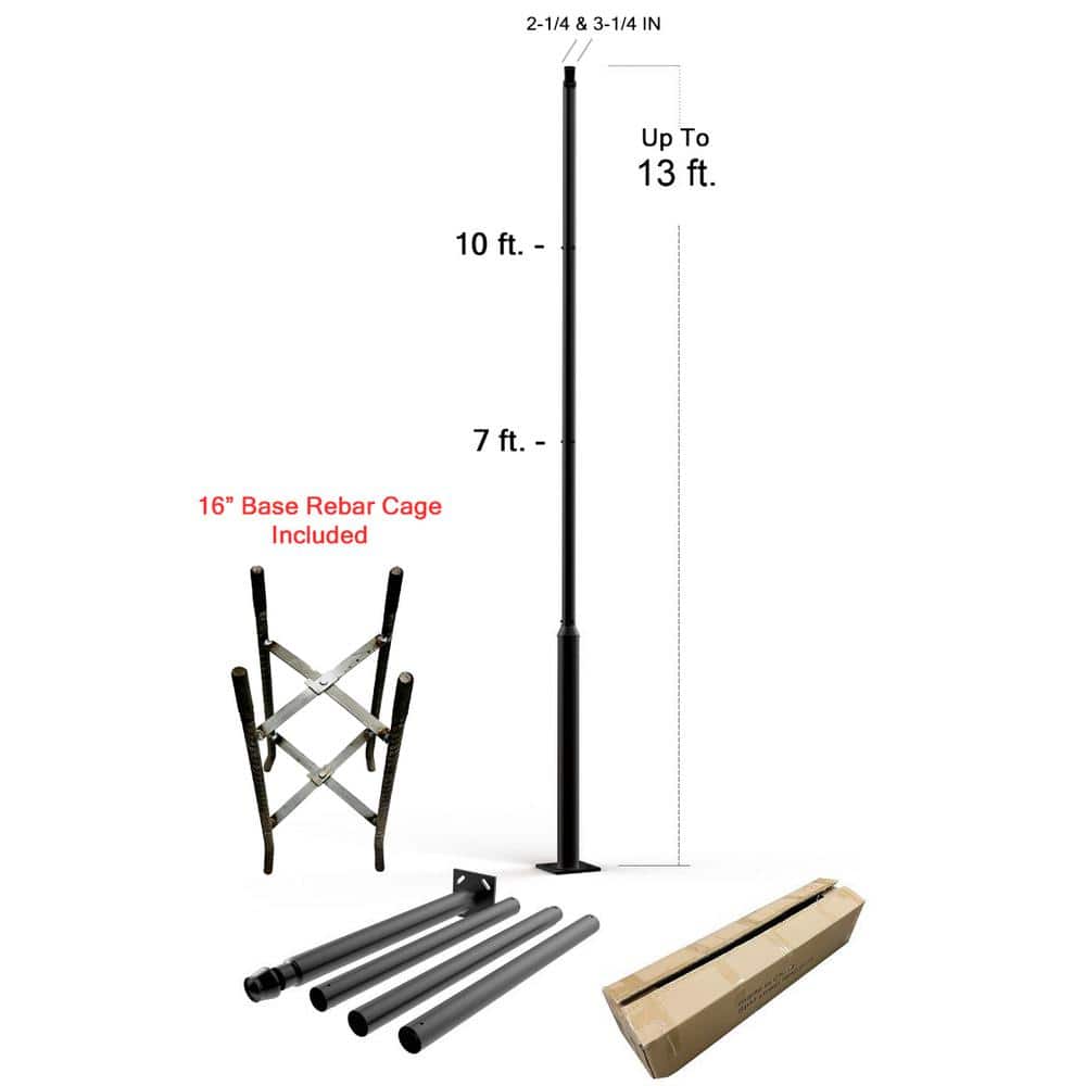 156 in. 2.28-3 in. Black Direct Burial Surface Mount Outdoor Universal Metal Lamp Post Pole with Rebar Cage - Hercitys
