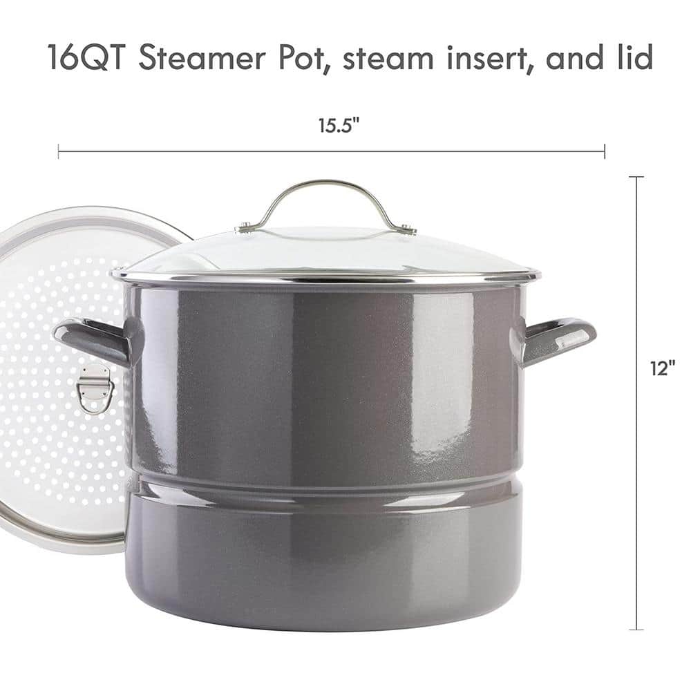 16 qt. Enamel On Steel Stock Pot With Steamer and Lid in Graphite Grey - Hercitys