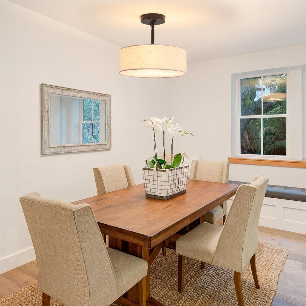 12.6 in. 3-Light Black Drum Linen Blend Semi Flush Mount Ceiling Light with White Fabric Shade and No Bulbs Included - Hercitys