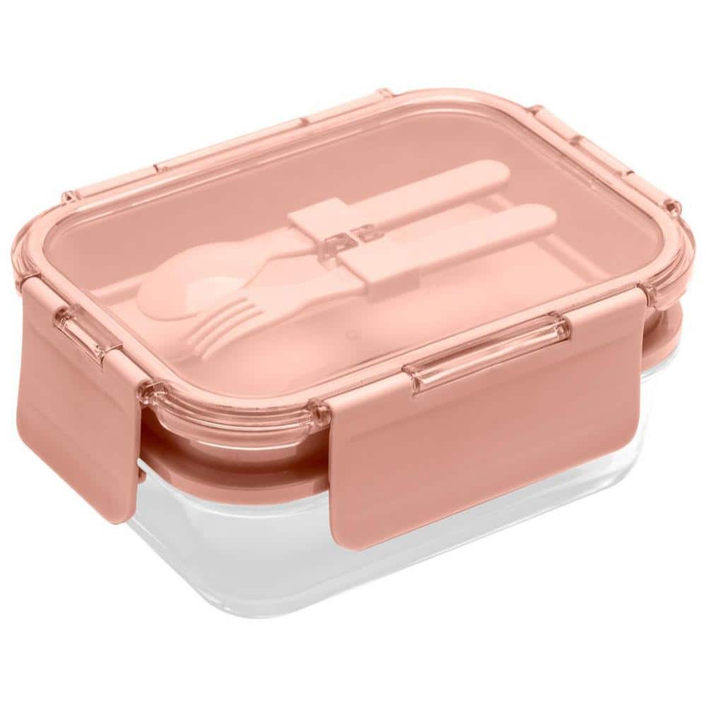 58.5 oz. Premium 4-In-1 Double-Layer Glass Bento Lunch Box with Utensils in Pink (1-Pack) - Hercitys