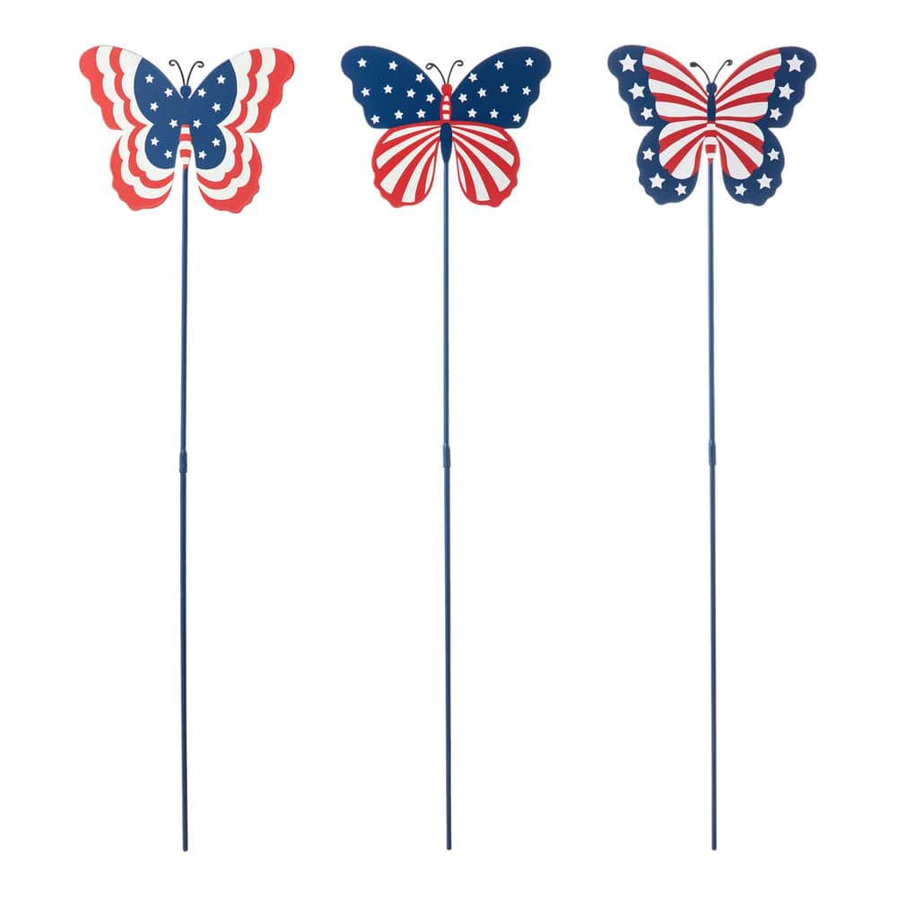 24 in. H Set of 3 Patriotic/Americana Metal Butterflies Yard Stake (KD) - Hercitys