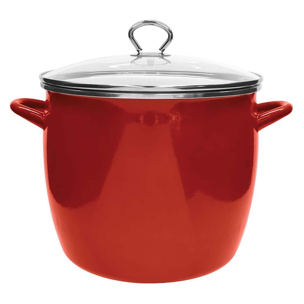 12 qt. Enamel on Steel Stock Pot in Red with Glass Lid - Hercitys