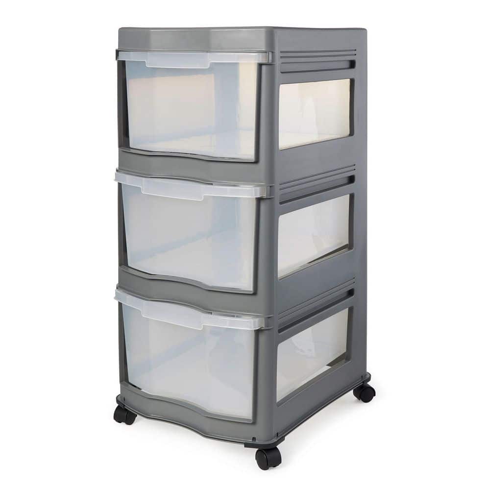 13.2 in. x 27.75 in. Classic Gray 3 Shelf Storage Container Organizer Plastic Drawers - Hercitys