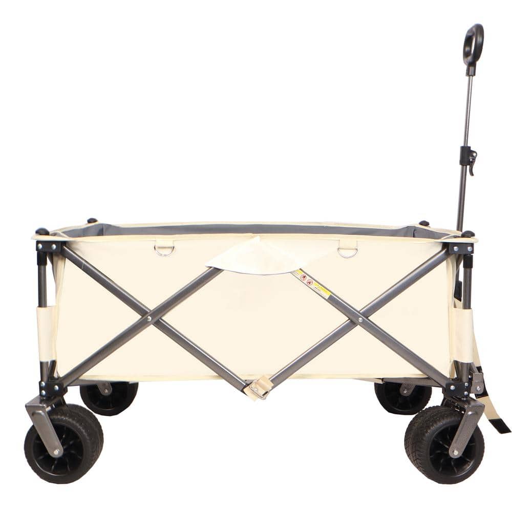 29 cu. ft. Antique White+Gray Steel Folding Wagon, Adjustable Handle & Drink Holders-Convenient Folding Garden Cart - Hercitys