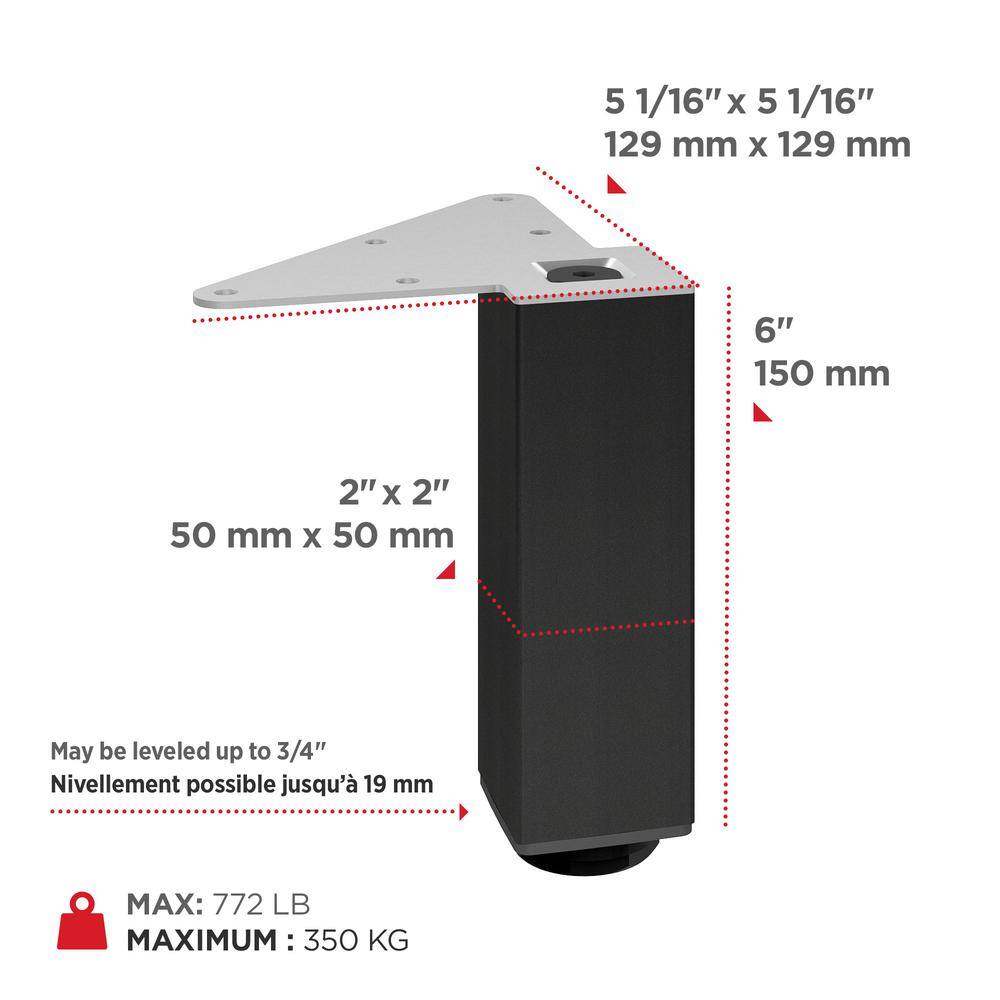 (4-Pack) 5 15/16 in. (150 mm) Matte Black Metal Square Furniture Leg with Leveling Glide - Hercitys