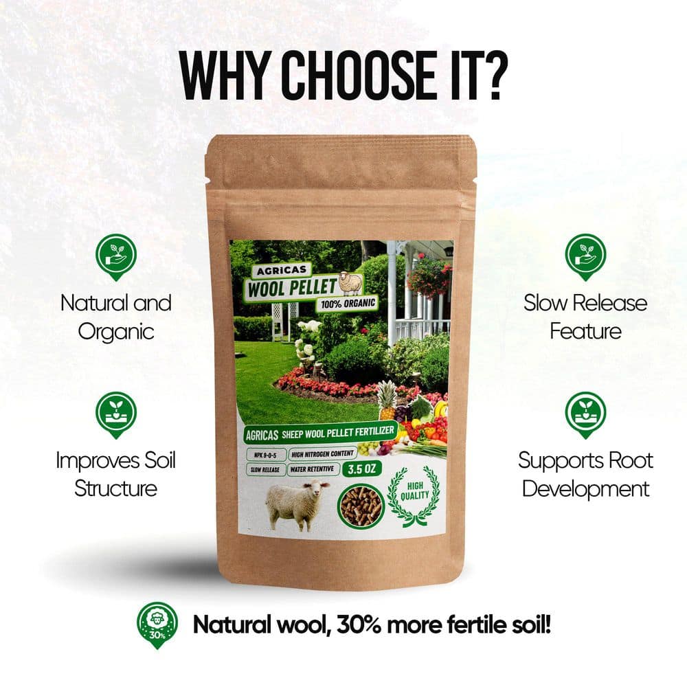 0.44 lb Organic Granular Fertilizer – 100% Sheep Wool, 9-0-5 NPK, Slow Release, Water-Retentive (3.5 oz./Pack, 2-Pack) - Hercitys