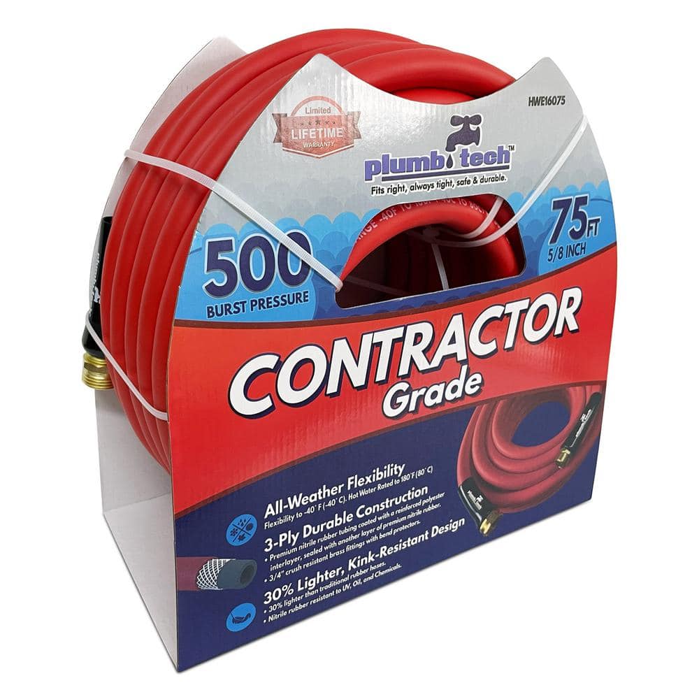 5/8 in dia. x 75 ft. Premium Red Nitrile Rubber Multi-Purpose Hot/Cold Water Hose: Contractor Grade, BP 500-Piece - Hercitys