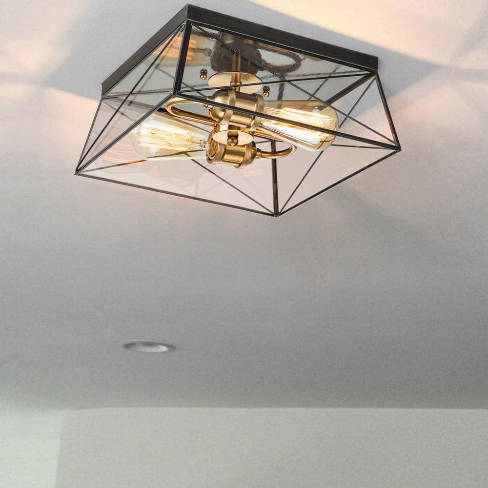 11.75 in. 2-Light Dark Bronze Finish Brass Flush Mount with Clear Tempered Glass Panes - Hercitys