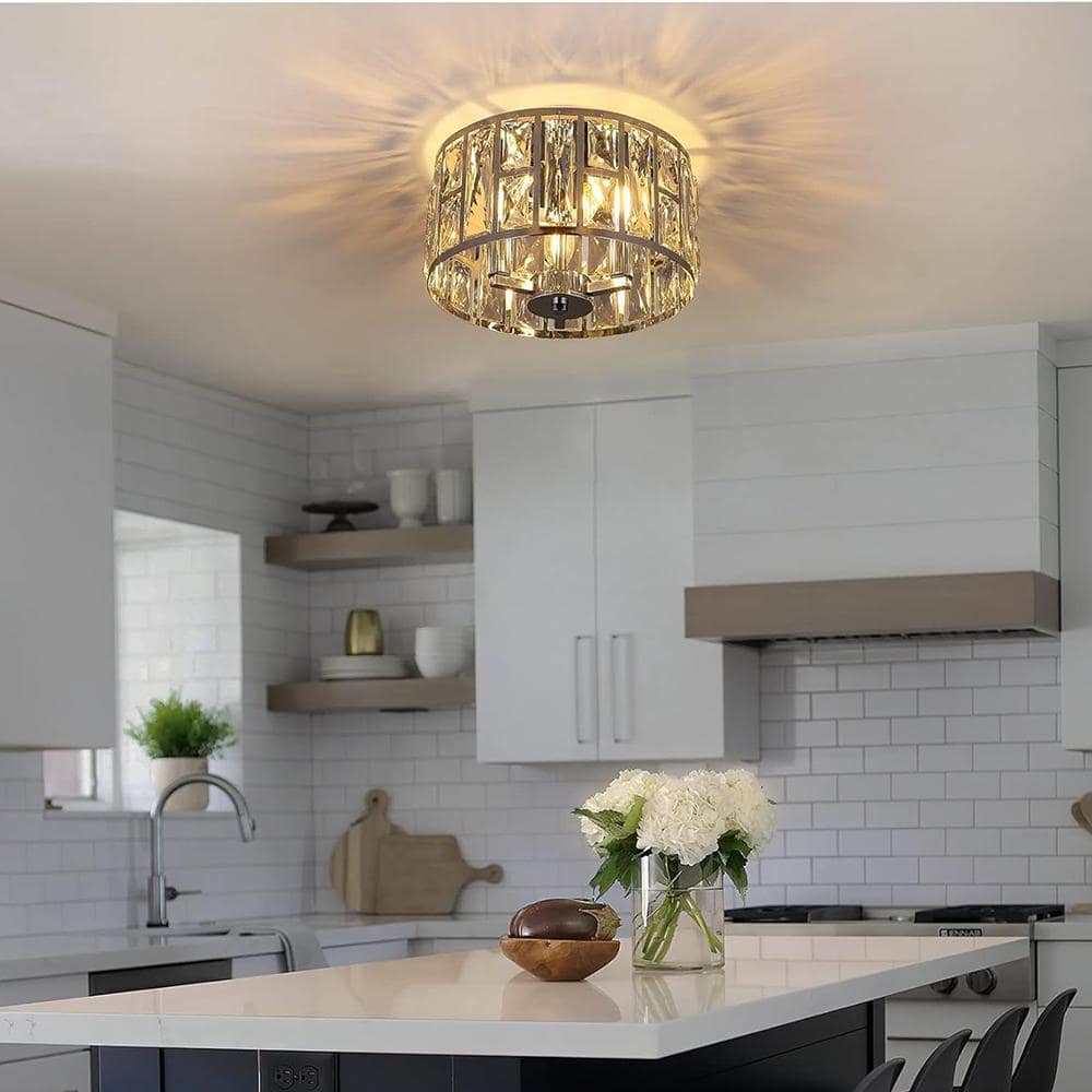 12 in. 3-Light Modern Chrome Crystal Flush Mount Ceiling Light Fixture for Kitchen or Bedroom - Hercitys