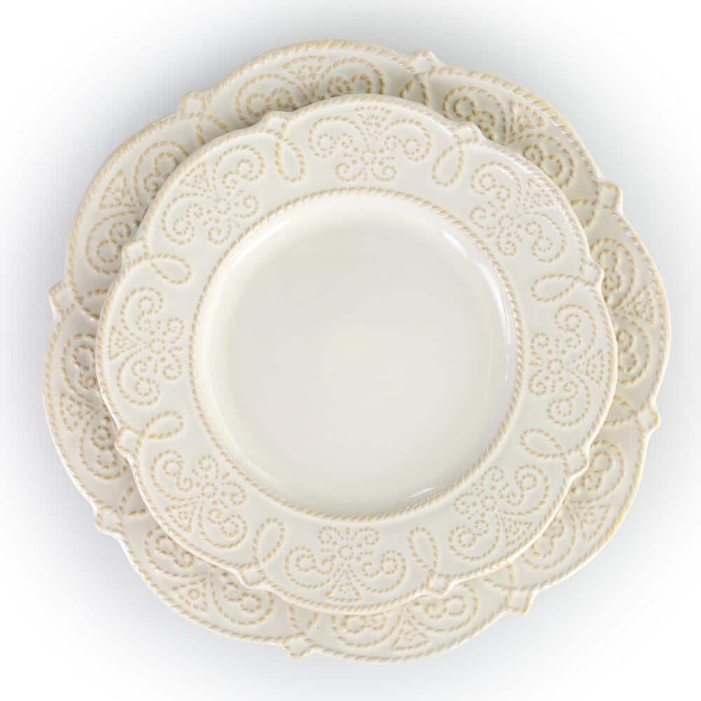 16-Piece Luna Embossed Scalloped White Stoneware Dinnerware Set (Service for 4) - Hercitys