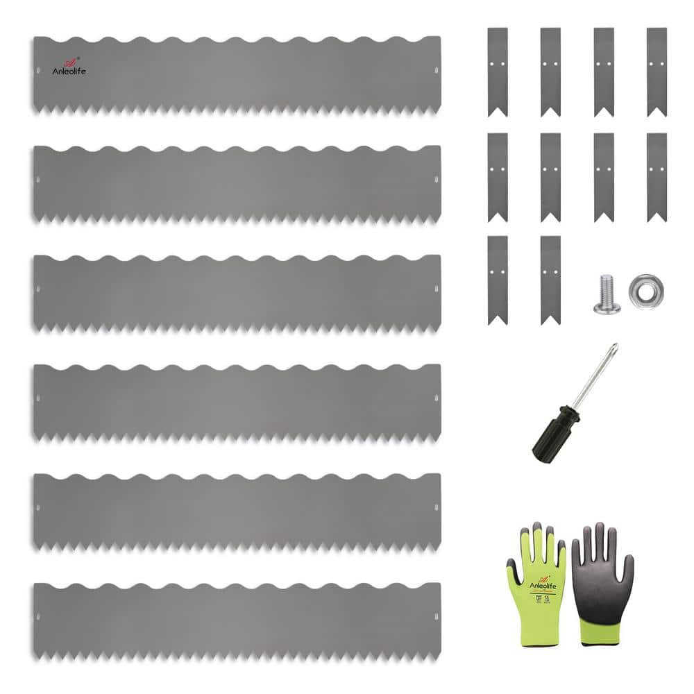40 in. x 8 in. Galvanized Steel Garden Landscape Edging in Quartz Grey Lawn Border with Gloves and 10 Stakes (6-Pieces) - Hercitys