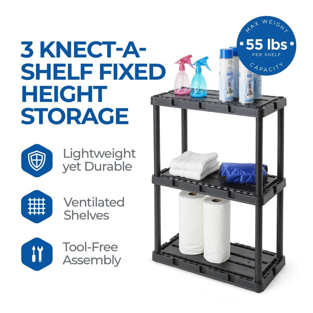 3 Shelf Knect-A-Shelf Solid Light Duty Storage Unit, W 12 in. x H 33 in. x D 24 in., Black 4 Pack - Hercitys