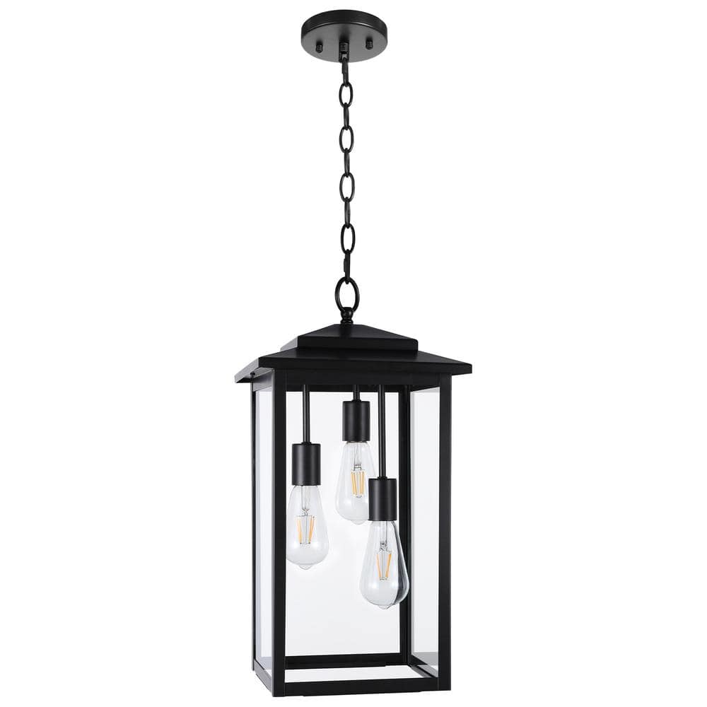 21 in. 3-Light Matte Black Outdoor Hanging Pendant Light with Clear Glass - Hercitys