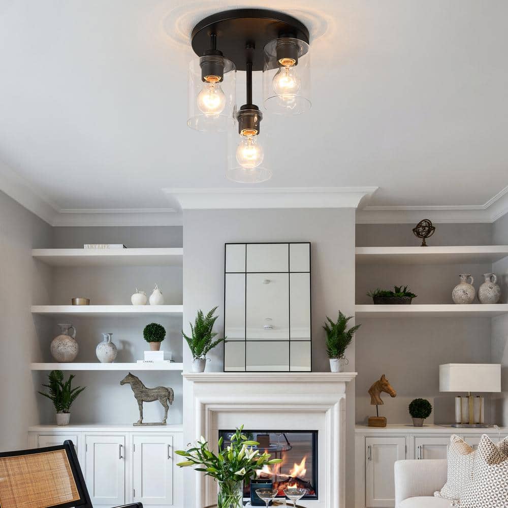 11 in. 3-Light Modern Black Flush Mount Ceiling Light with Clear Glass Shades - Hercitys