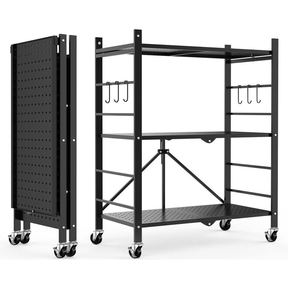3-Tier Collapsible Storage Shelves Folding Pantry Shelves Wire Shelving in Black with 6-Hooks for Garage Kitchen Room - Hercitys