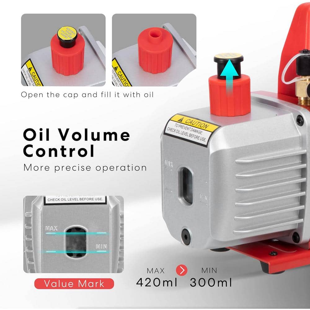 110-Volt 1/2 HP 5 CFM Dual Stage Rotary Vane HVAC Air Vacuum Pump with Oil Bottle in Red - Hercitys