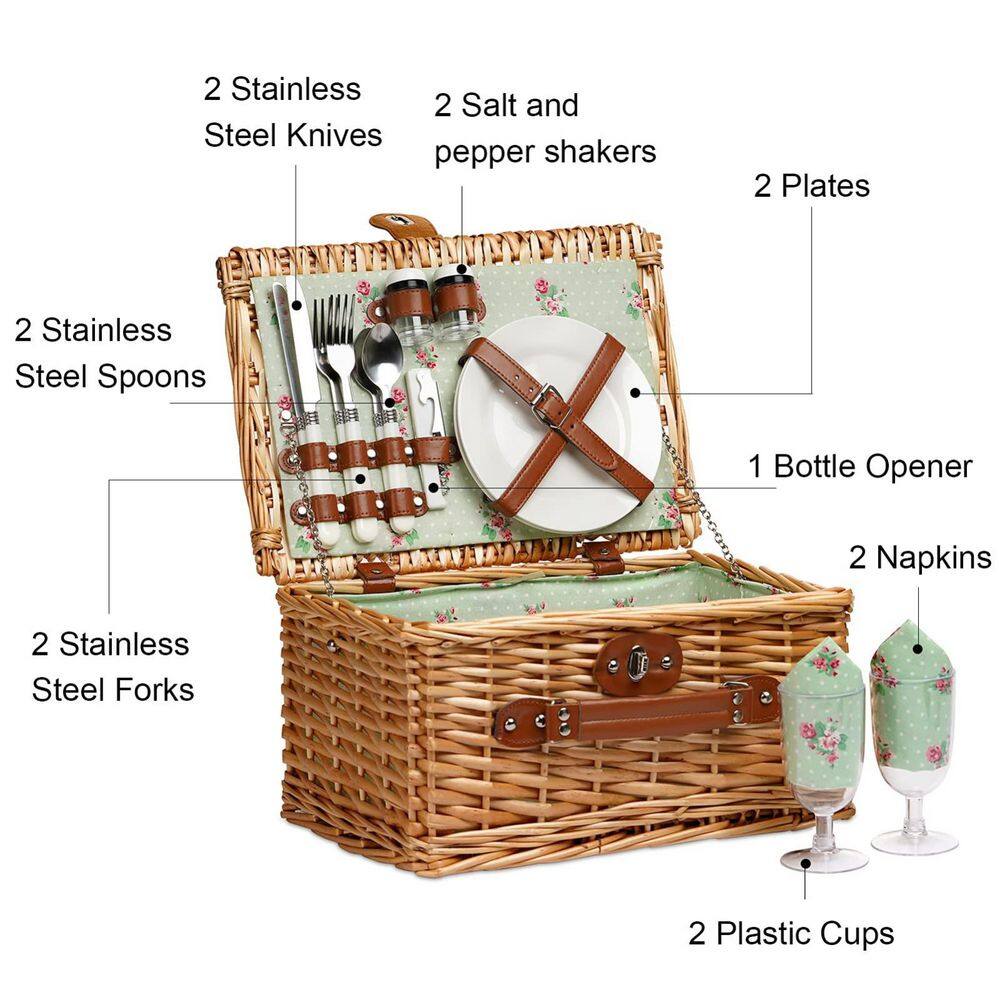 2-Person Wicker Picnic Basket with Utensils Cutlery, Handmade Willow Hamper Basket - Hercitys
