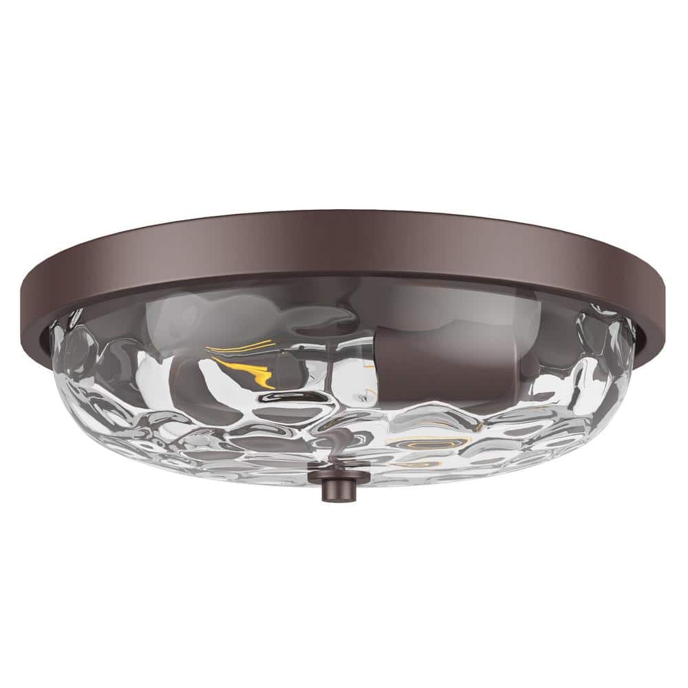 12.99 in. 2-Light Farmhouse Oil Rubbed Bronze Flush Mount Ceiling Light Fixture with Water Ripple Glass Shade - Hercitys