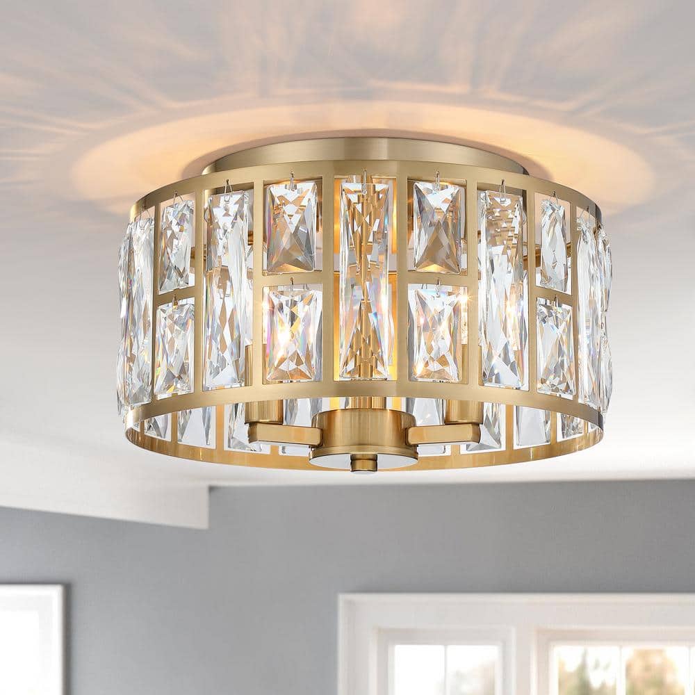12 in. 3-Light Round Modern Gold Drum Flush Mount Ceiling Light with Clear Crystal Shade - Hercitys
