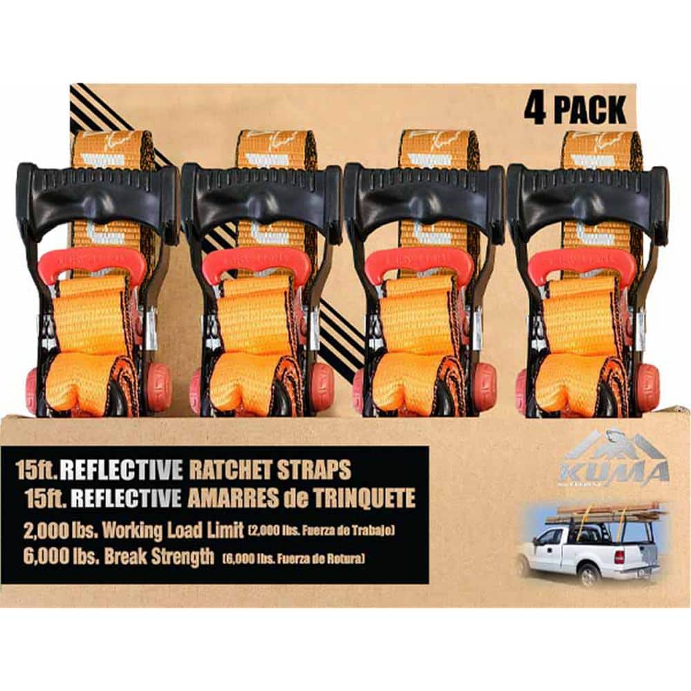 1.5 in. x 15 ft. Kuma Heavy Duty Reflective Ratchet Strap 2,000LBS WLL 4-Pack - Hercitys